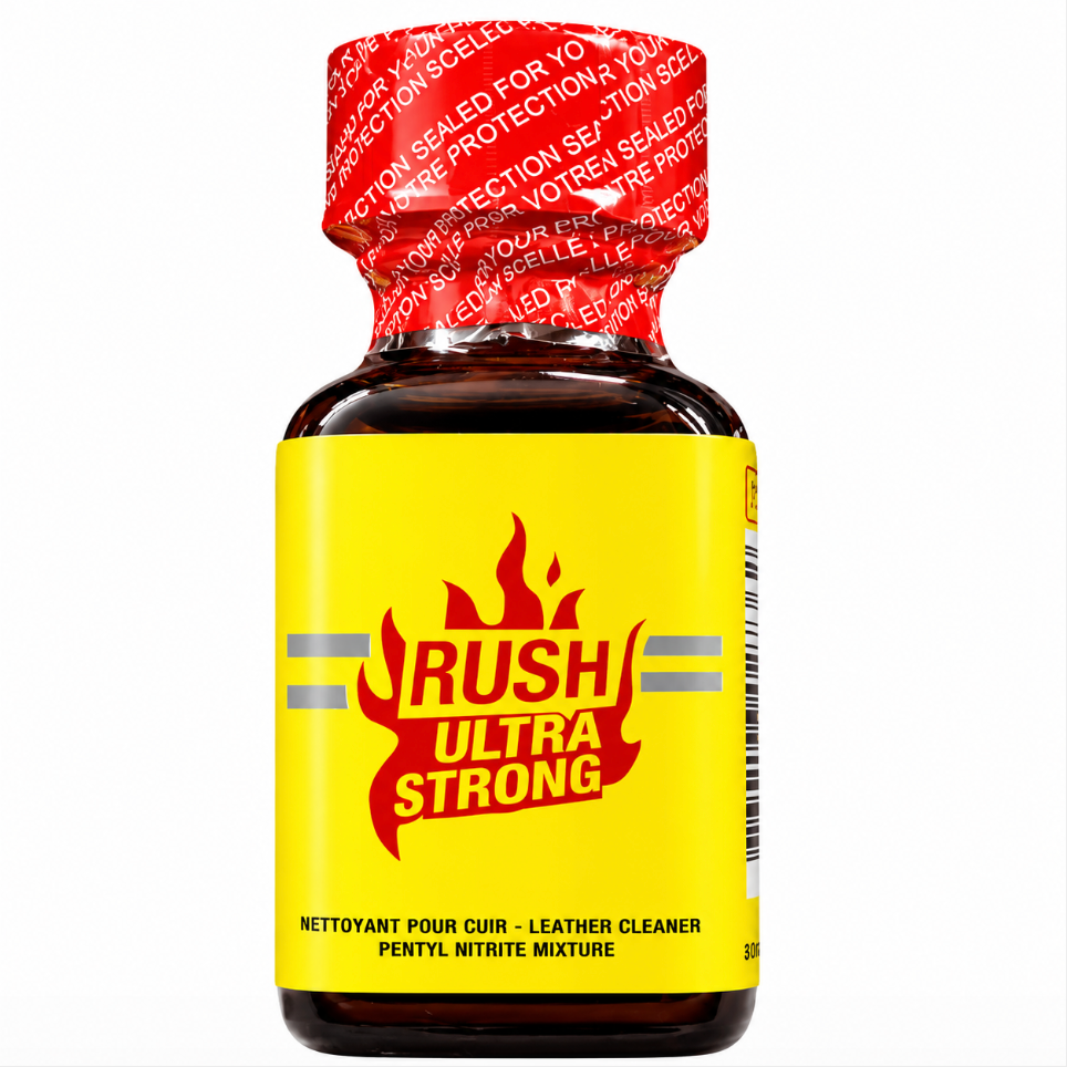 Rush Ultra Strong bottle of poppers with a yellow label and a red cap on a white background