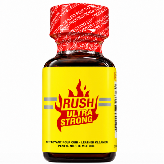 Rush Ultra Strong bottle of poppers with a yellow label and a red cap on a white background