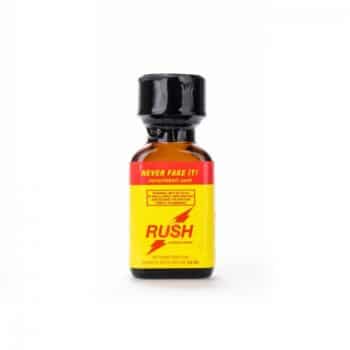 A small bottle with a yellow and red label containing Rush Leather Cleaner 24ml, with text that reads "never fake it!" and a website address.