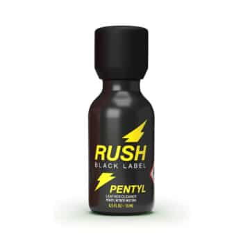 A 15ml bottle of rush black label pentyl 15ml leather cleaner, prominently featuring a yellow lightning bolt design on a dark background.