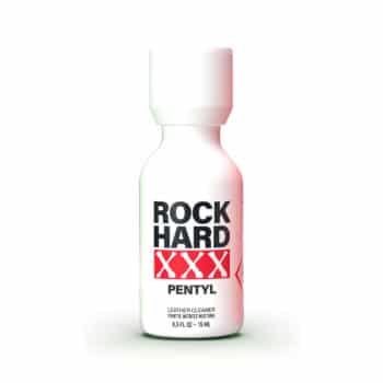 A bottle of rock hard xxx pentyl 24ml leather cleaner against a white background.