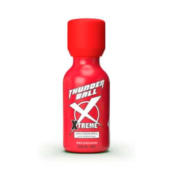 A fiery red thunderball extreme pentyl 15ml bottle labeled "thunderball extreme" featuring bold lettering and graphics that suggest an extra strong potency, designed to convey power and energy.