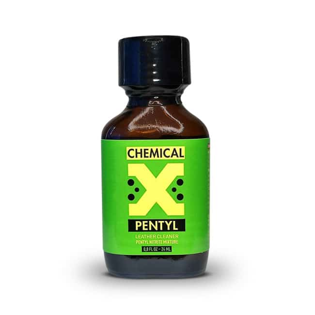 A small brown chemical x pentyl 24ml bottle with a green label displaying "chemical x pentyl" with hazard symbols.