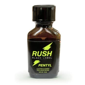 A bottle of rush black label pentyl 24ml leather cleaner, on a white background.
