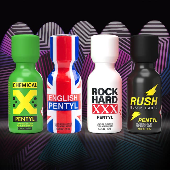 A vibrant Pentyl Pack of four different poppers brands with colorful labels displayed against a graphic abstract background, each in 15ml bottles.