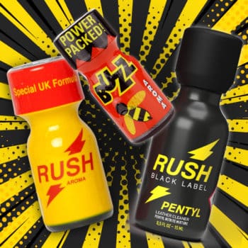 Unleash the energy with power-packed aromas: special uk formula The Buzz Poppers UK Pack, rush and rush black label on a dynamic yellow and black background!