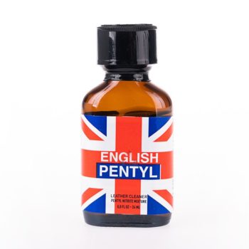 A small english pentyl 24ml bottle with the british flag design on its label, marketed as "english pentyl" leather cleaner.