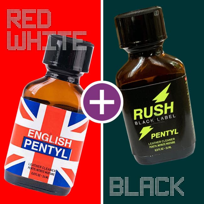 Contrasting colors – a vivid Red White & Black Poppers UK and a bold black Poppers UK label rush penty bottle side by side.