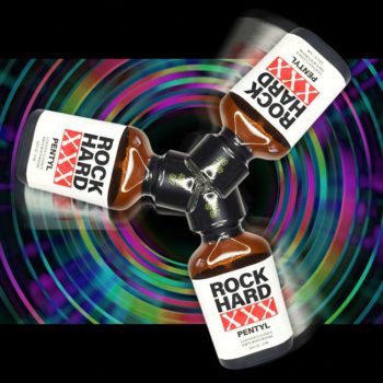A creative Triple Pack display of three bottles with "Triple Pack Rock Hard XXX Pentyl Poppers 24ml" labels against an abstract, colorful swirl background.