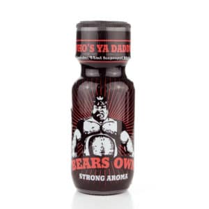 A bottle of "bears own" with "who's ya daddy" written at the top, featuring an illustration of a large, tough-looking man with the caption "strong aroma" below. The background is white, which helps to highlight the product.