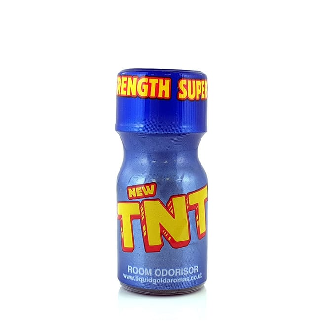 A small blue and yellow bottle labeled "super strength tnt - new - room odoriser" against a white background.
