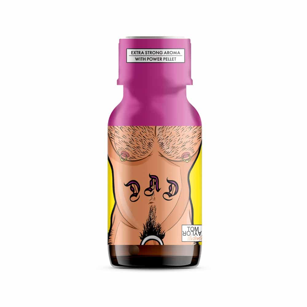 A stylized image of a popper bottle featuring an artistic design with elements that suggest a masculine torso with chest hair, abdomen, and a hint of underwear.