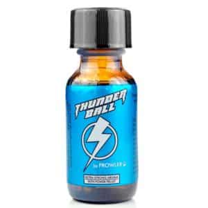 A small glass bottle labeled "thunder ball by prowler" with a prominent lightning bolt graphic, described as "extra strong aroma" and "nitrite formula".