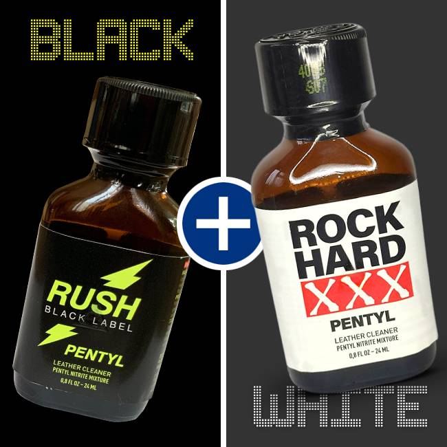 Two bottles of branded solvent cleaners, one labeled 'rush black label pentyl' and the other 'rock hard xxx pentyl', are captured in monochrome against a contrasting Black & White background with bold.