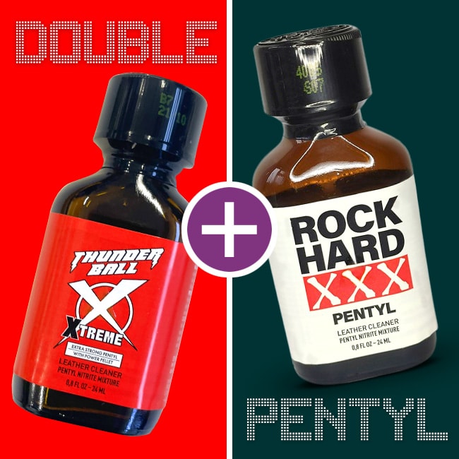 Two bottles of commercial poppers, labeled 'thunder ball' and 'rock hard,' both double pentyl formula, with a background emphasizing their potency.
