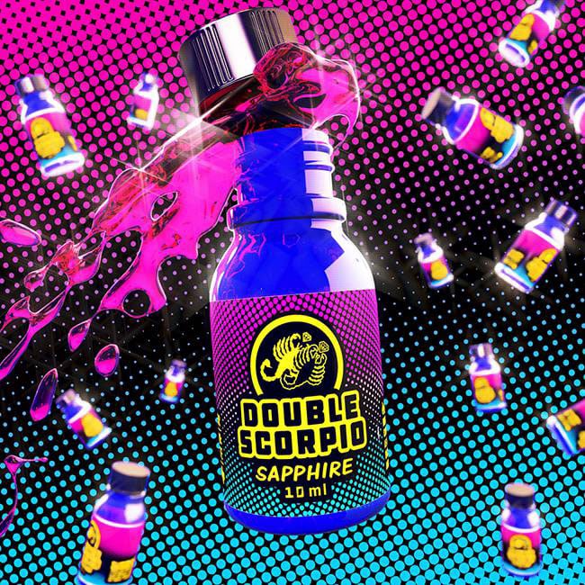A vibrant and dynamic image highlighting a bottle of double scorpio sapphire - 10ml with vivid pink vapor emanating from the top, surrounded by multiple similar bottles against a striking purple dotted background, creating a lively