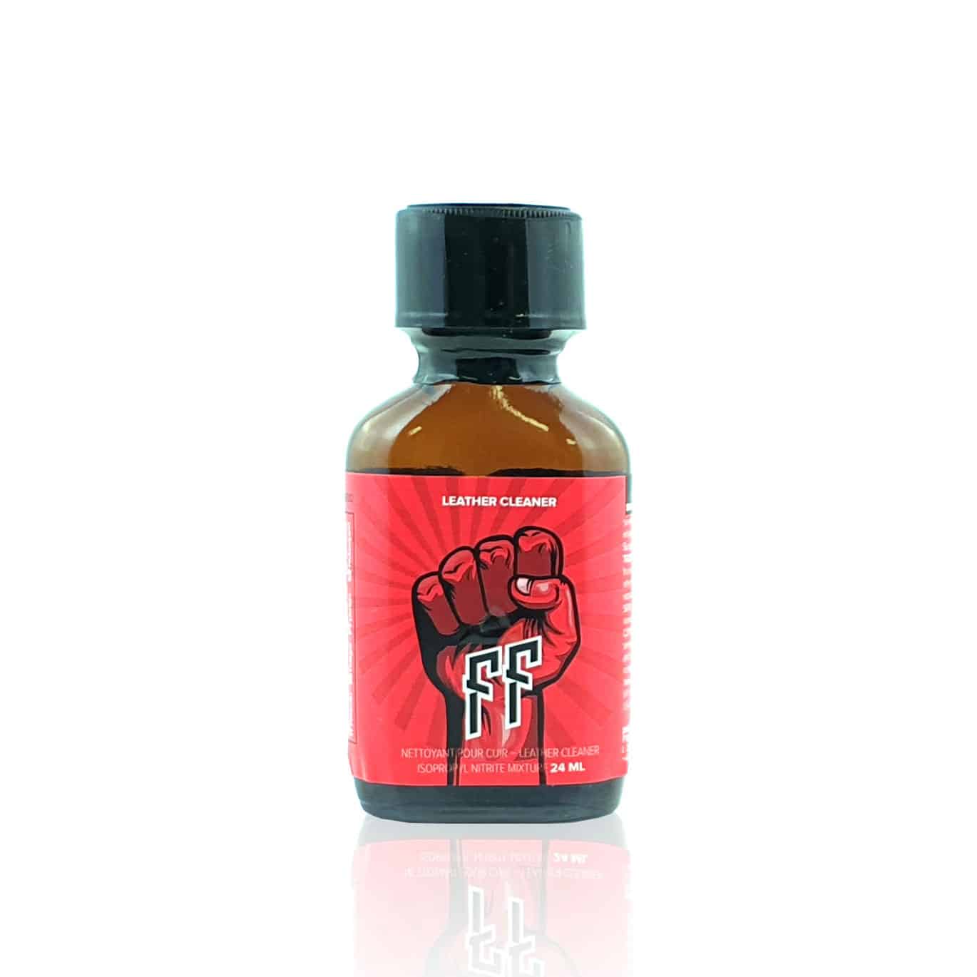 A bottle of leather cleaner with a bold black and red label featuring a clenched fist graphic, isolated on a reflective white background.