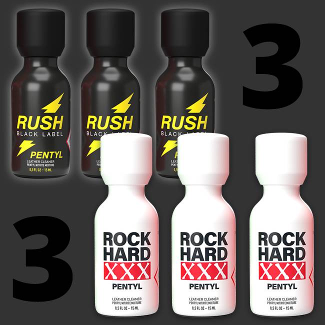Six bottles of labeled products, with three bottles of "Jungle Rush Light" and three bottles of "rock hard pentyl" on a gradient grey background.