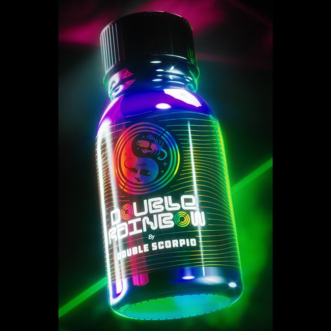 A vibrant and colorful bottle of "Double Scorpio Double Rainbow - 10ml" illuminated by neon green and pink lights, emitting a futuristic and energetic vibe.