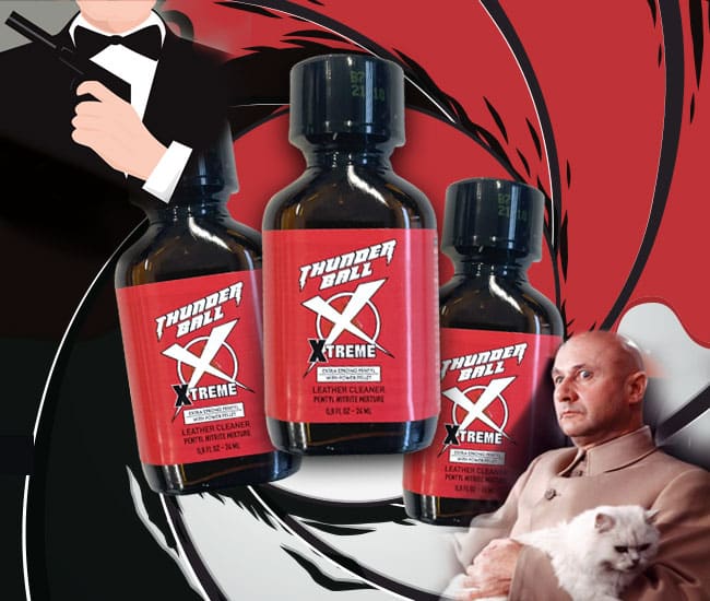 Powerful clean meets sophistication: gentleman with his feline friend alongside an array of Thunderball Extreme Pentyl Poppers 24ml Triple pack.