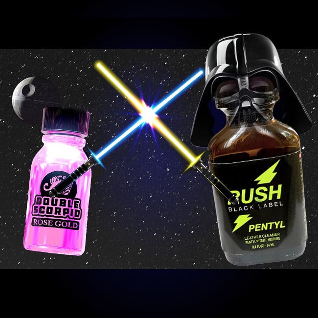 A creative mashup of star wars and pop culture, featuring the dark side, with a darth vader helmet wielding lightsabers that intersect in the middle, with stylized bottles on either side against a cosmic background.