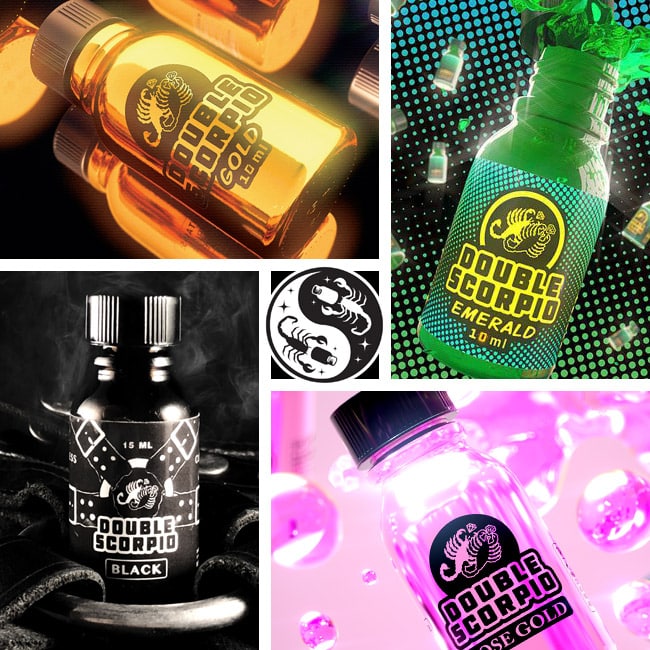 A collage showcasing the flamboyant four stylishly branded bottles of "double scorpio" products in different colors and labeling, such as "gold," "emerald," and "black," along with