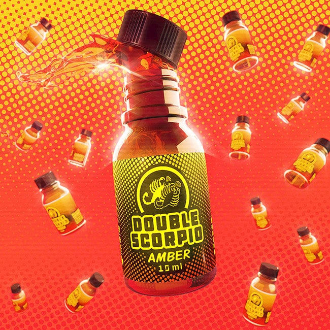 Fiery essence unleashed: Double Scorpio Amber 10ml - a zestful concoction captured in bottles, floating amidst a vibrant, crimson haze.