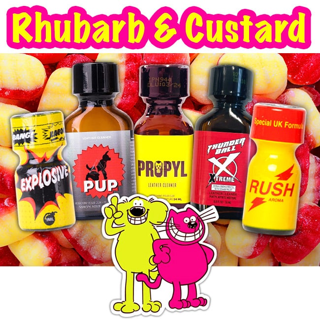 Colorful and whimsical, Rhubarb & Custard cartoon characters create a delightful backdrop for an array of bold and vibrant Rhubarb & Custard poppers bottles.