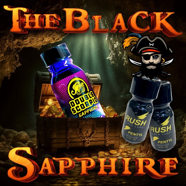 Pirate-themed promotional graphic for 'the black sapphire' featuring a cartoon pirate, a treasure chest filled with sapphire jewelry, and two bottles of 'the black sapphire', all set against a dark, mysterious background.