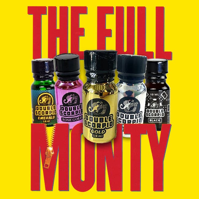 A colorful array of The Full Monty inhalant bottles against a vibrant yellow background with bold red text "The Full Monty" above.