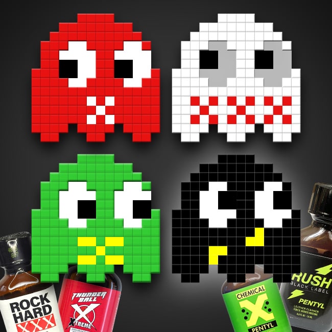 Pixel art renditions of classic "pac-man" ghosts with playful pac man pentyl hot sauce brands designed to mimic their colors and personalities, now featuring unique "room odorizers" editions.