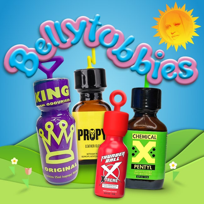 Colorful bottles labeled with quirky names arranged playfully in a poopsie slime surprise pack against a vibrant background featuring a cartoonish sun character.