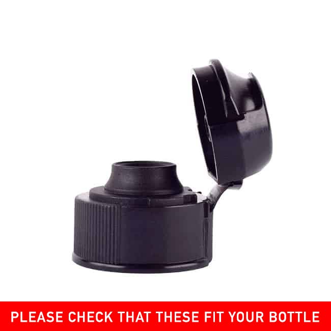 Black plastic Prowler Popper Topper with an open flip top lid isolated on a white background, with a reminder text "please check that these fit your bottle".