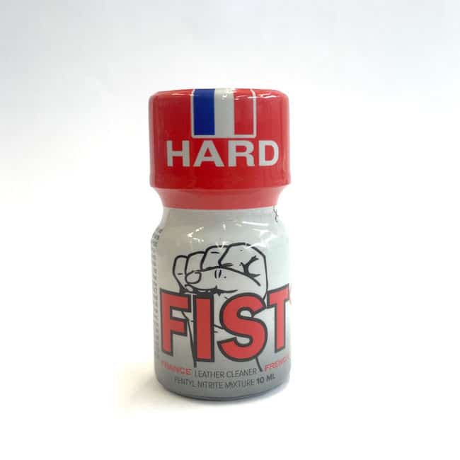 A bottle of Fist 10ml leather cleaner with a red and blue cap on a white background.