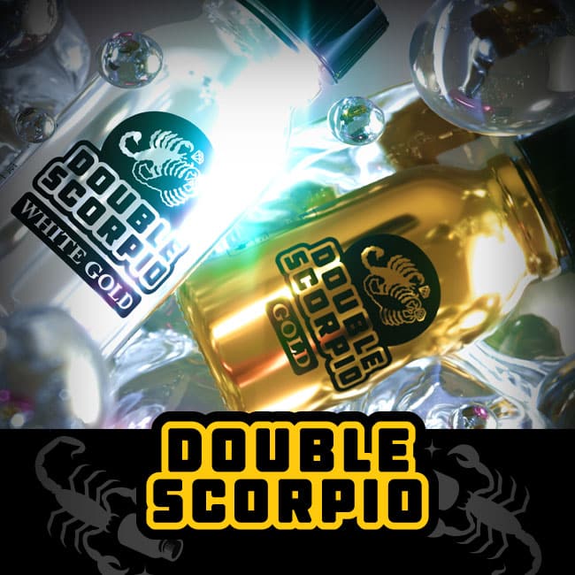 Shimmering bottles of double scorpio silvergold and gold against a backdrop of sparkling lights and reflective surfaces, epitomize an investment in precious metals.