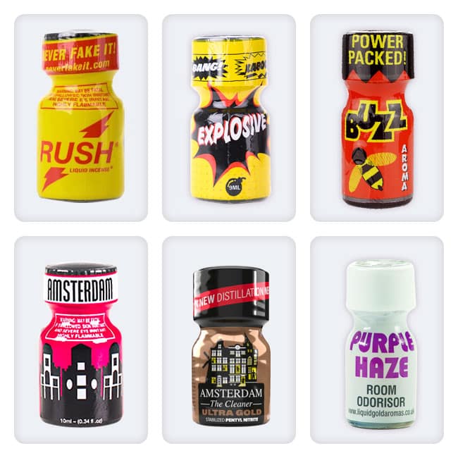 Six colorful poppers bottles with vibrant labels and various brand names, now featuring The Sixth Scents fragrance, presented against a white background.
