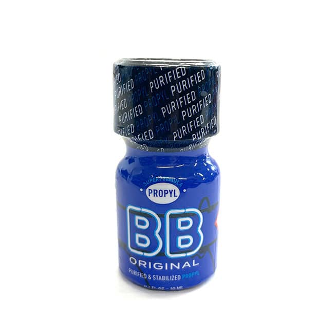 A blue bottle with a dark blue safety seal marked "purified" repeatedly, labeled "BB PROPYL 10ml" containing purified and stabilized propyl.