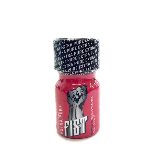 A red bottle with a black cap and a label containing the repeated words "extra pure" and "fist propyl pure" wrapped around it, against a white background.