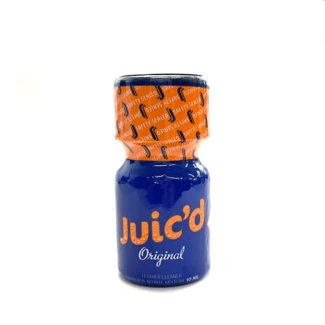 A blue bottle of JUIC'D Original 10ml beverage, with an orange label, sealed with a safety wrapper, isolated on a white background.