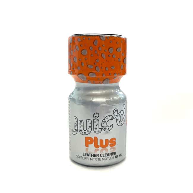 Small bottle of GOLIATH poppers plus leather cleaner with a distinctive orange cap, isolated on a white background.