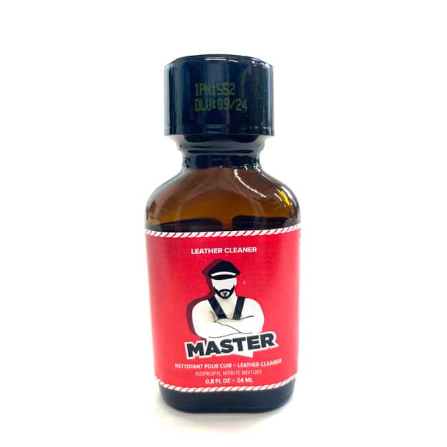 A bottle of "Master 24ml" leather cleaner with a red and white label, featuring a graphic of a man wearing a cap and glasses.