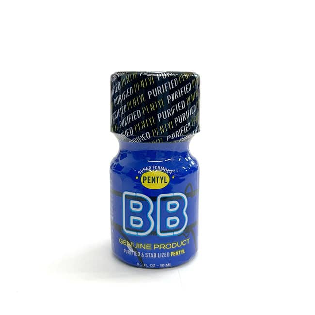 A bottle of 10ml BB PENTYL Poppers with a blue and black color scheme.