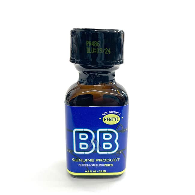 A small glass bottle with a blue label and black cap, labeled "BB PENTYL 24ml" indicating a particular formula and brand of poppers.