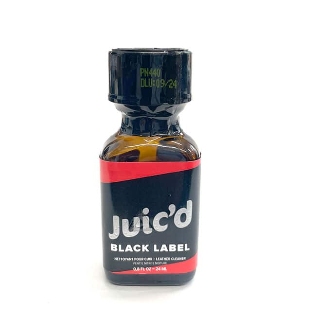 A bottle of PENTYL Juic'd Black Label 24ml, which is a nitrite-based cleaner commonly sold as a leather cleaner, standing against a white background.
