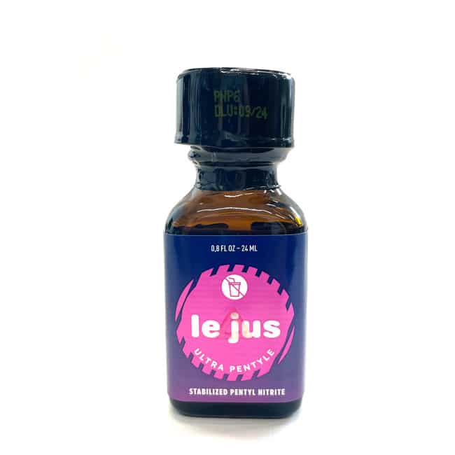 A small glass bottle with a black cap and a pink and blue label that reads "Le Jus Ultra PENTYL 24ml.
