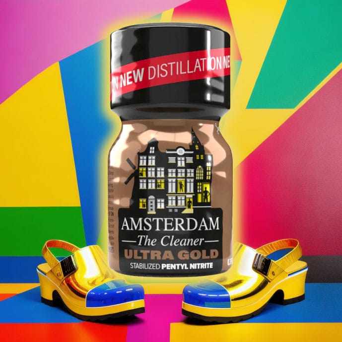 A vibrant and colorful composition featuring a bottle labeled "PENTYL Amsterdam Ultra Gold 10ml" and a pair of shiny yellow platform shoes with rainbow accents, set against a geometric backdrop of bold, angular.