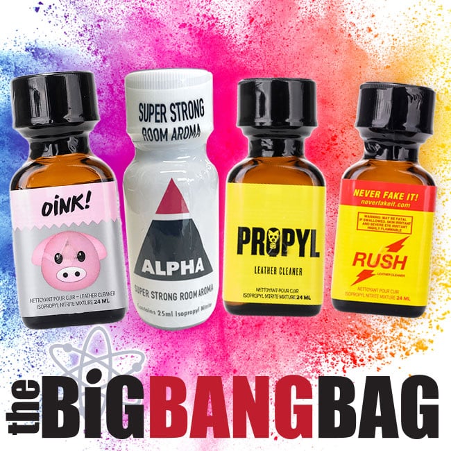 A vibrant promotional graphic showcasing a collection of four distinct boutique bottles with colorful nebula-like backgrounds, emphasizing the intensity of the scents known as The Big Bang Bag.