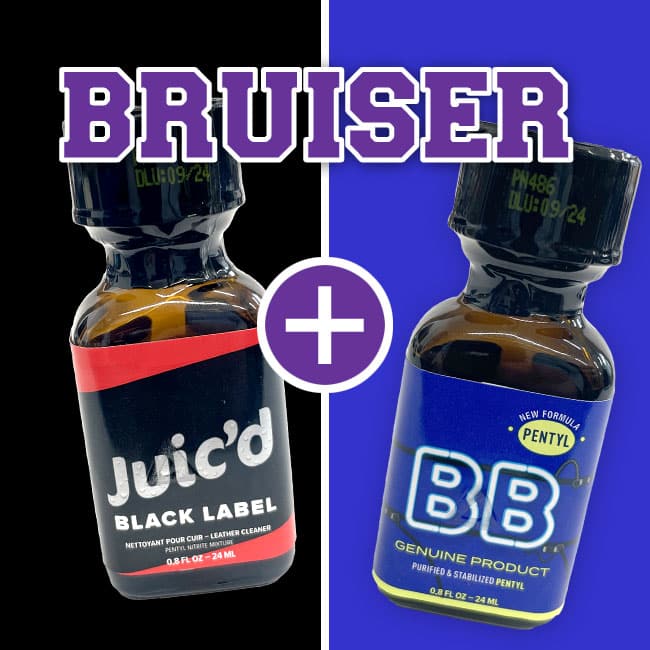 Two bottles of supplement or liquid Bruiser labeled "juic'd black label" and "Bruiser" against a purple background, with a plus sign indicating a combination or enhancement of the two products.