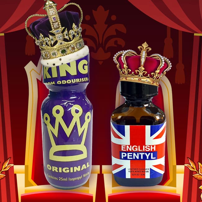 Two bottles of odoriser products in The Coronation Pack with regal themes, one labeled 'king' with a crown cap and the other styled with the union jack, named 'english pentyl'.