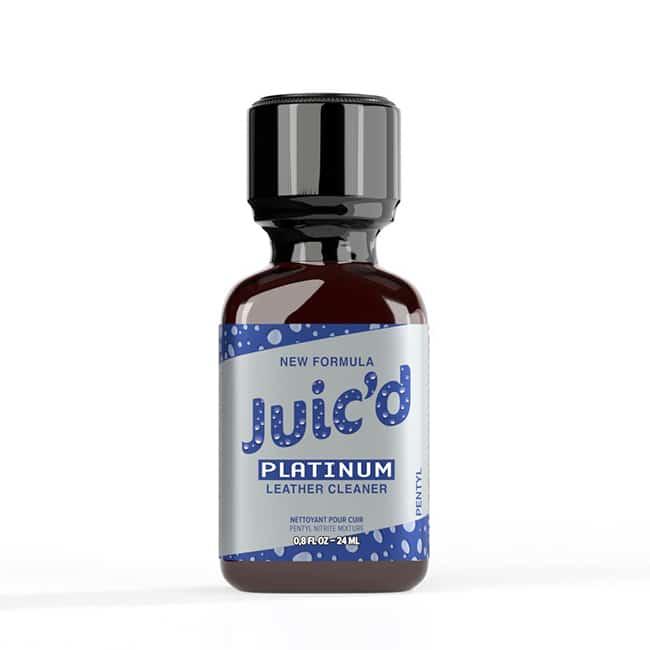 Bottle of Juic'D Platinum Pentyl 24ml leather cleaner, on a white background.